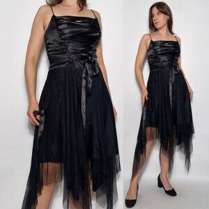 Vintage 1990s RIBBON CORSET & Asymmetrical MESH Ballerina Dress -- Medium